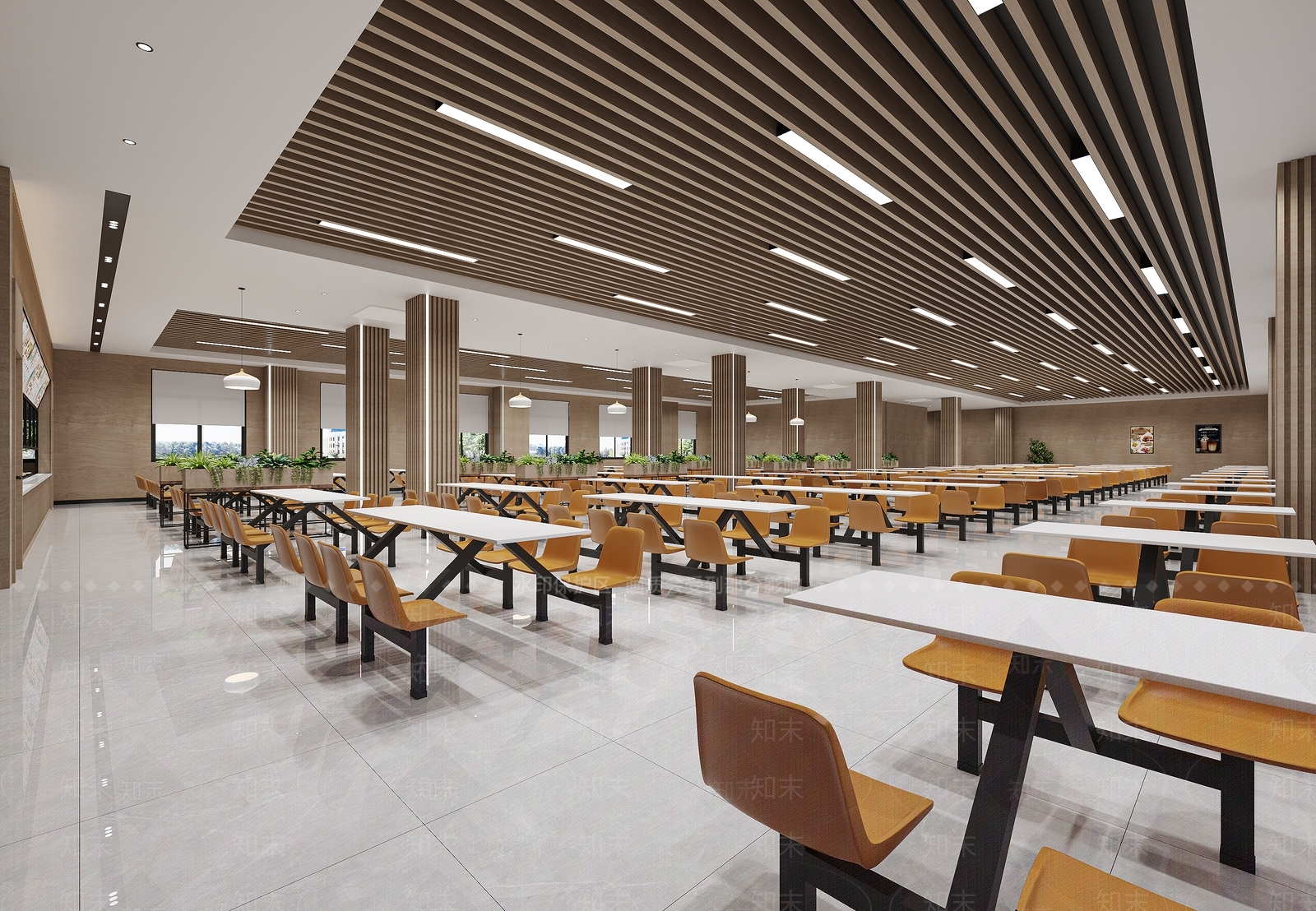 现代食堂员工餐厅公司餐厅学校食堂格栅顶3D模型下载【ID:1147558158】