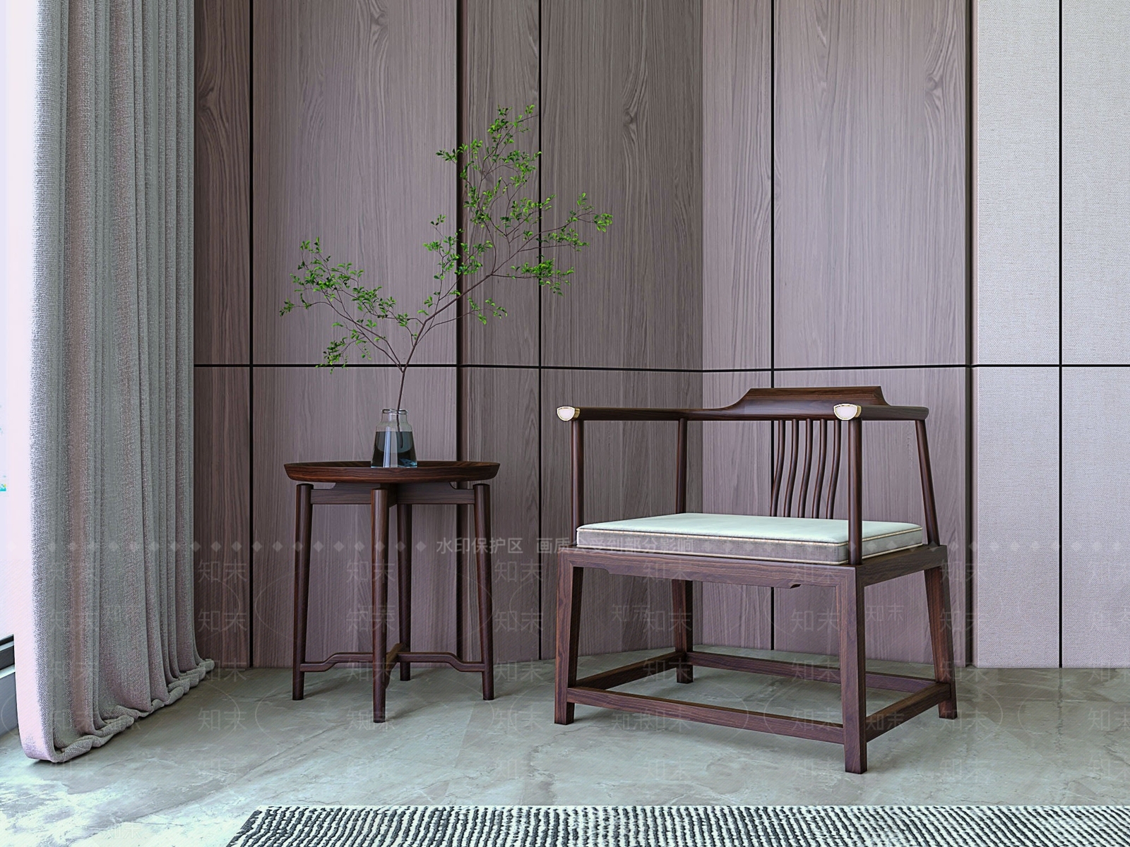 中式实木单椅休闲椅茶几组合3D模型下载【ID:1147566528】