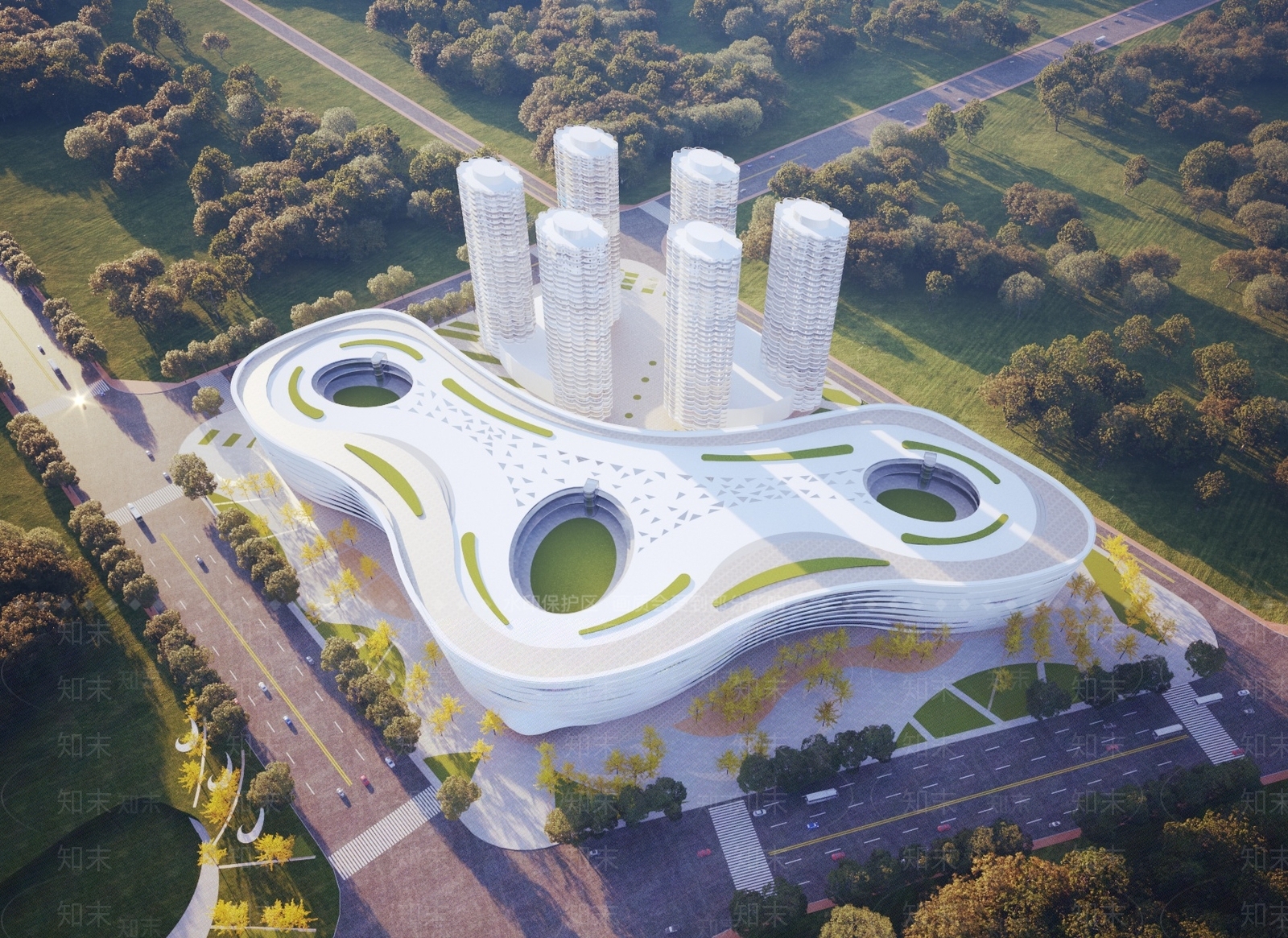 现代办公楼建筑鸟瞰3D模型下载【ID:1147581233】