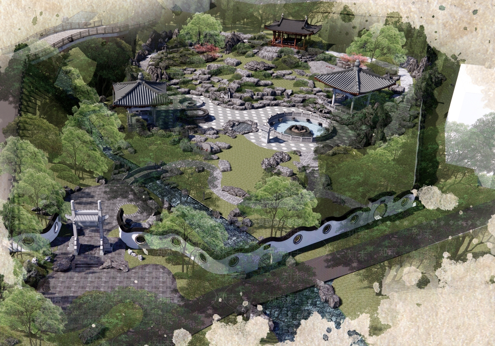 新中式景观公园SU模型下载【ID:1147578979】