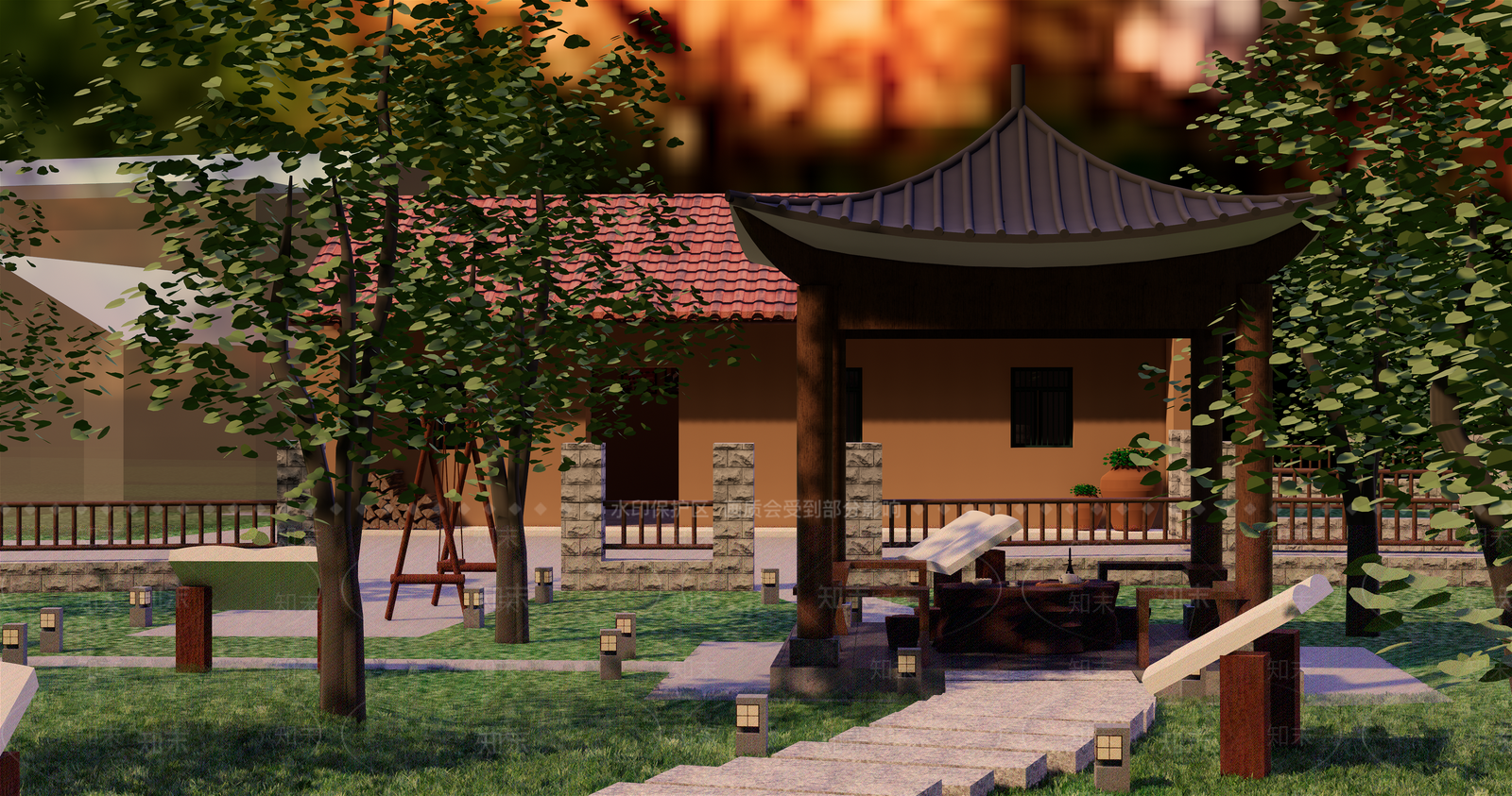 新中式乡村小广场SU模型下载【ID:1147605793】