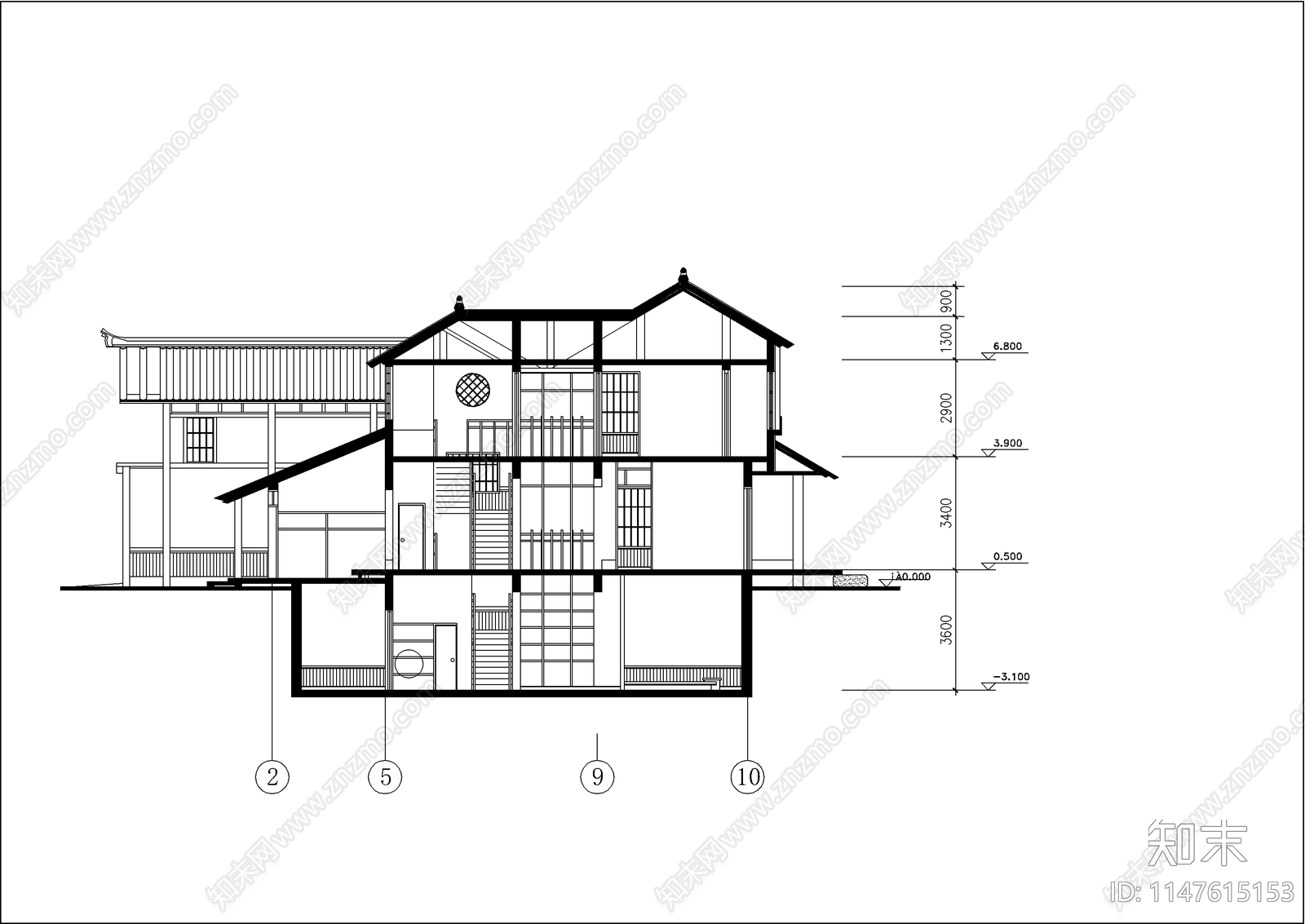 日式别墅建筑cad施工图下载【ID:1147615153】