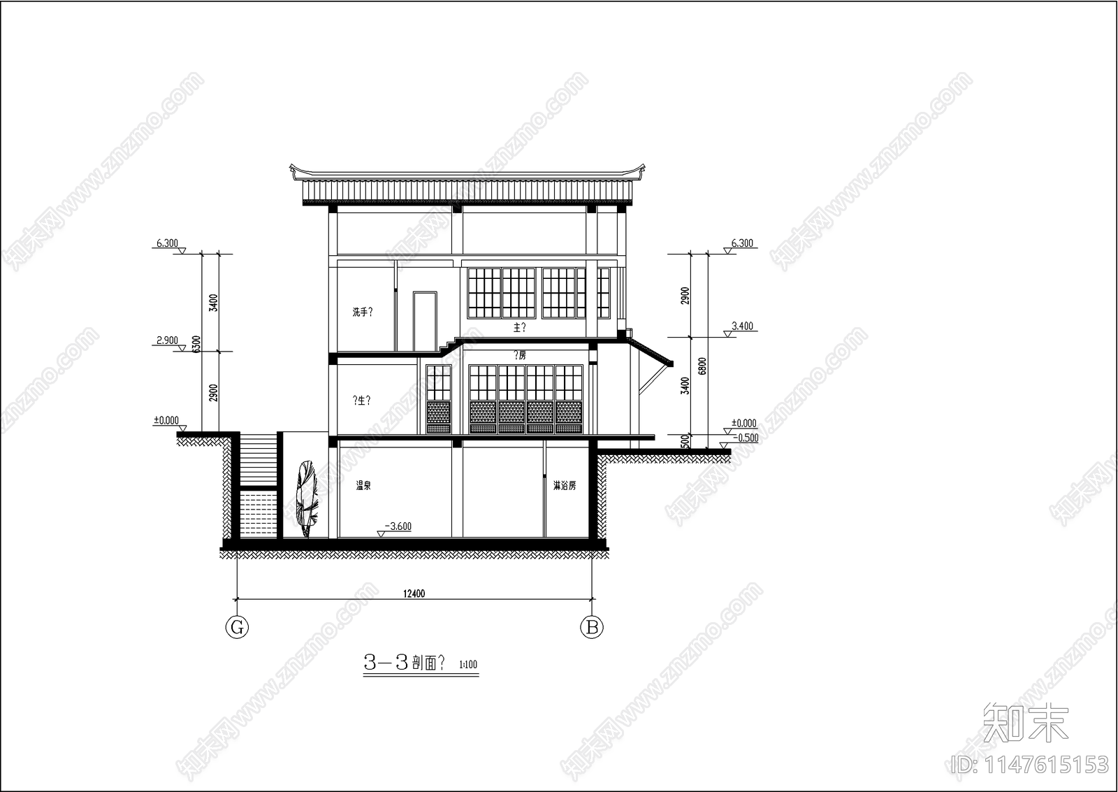 日式别墅建筑cad施工图下载【ID:1147615153】