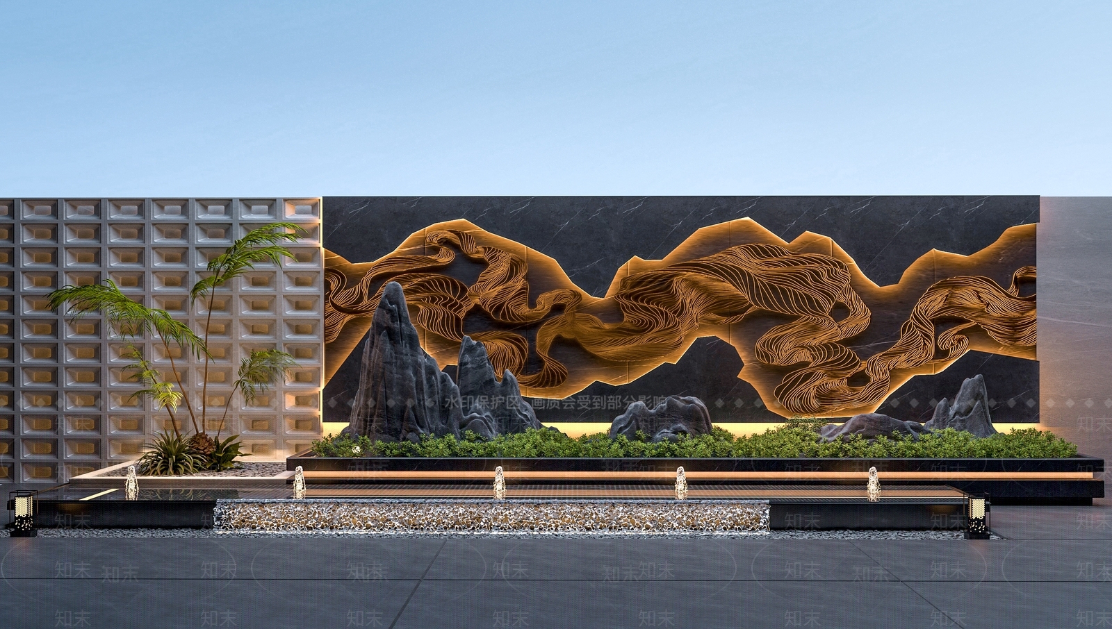 现代叠水景墙3D模型下载【ID:1147621896】