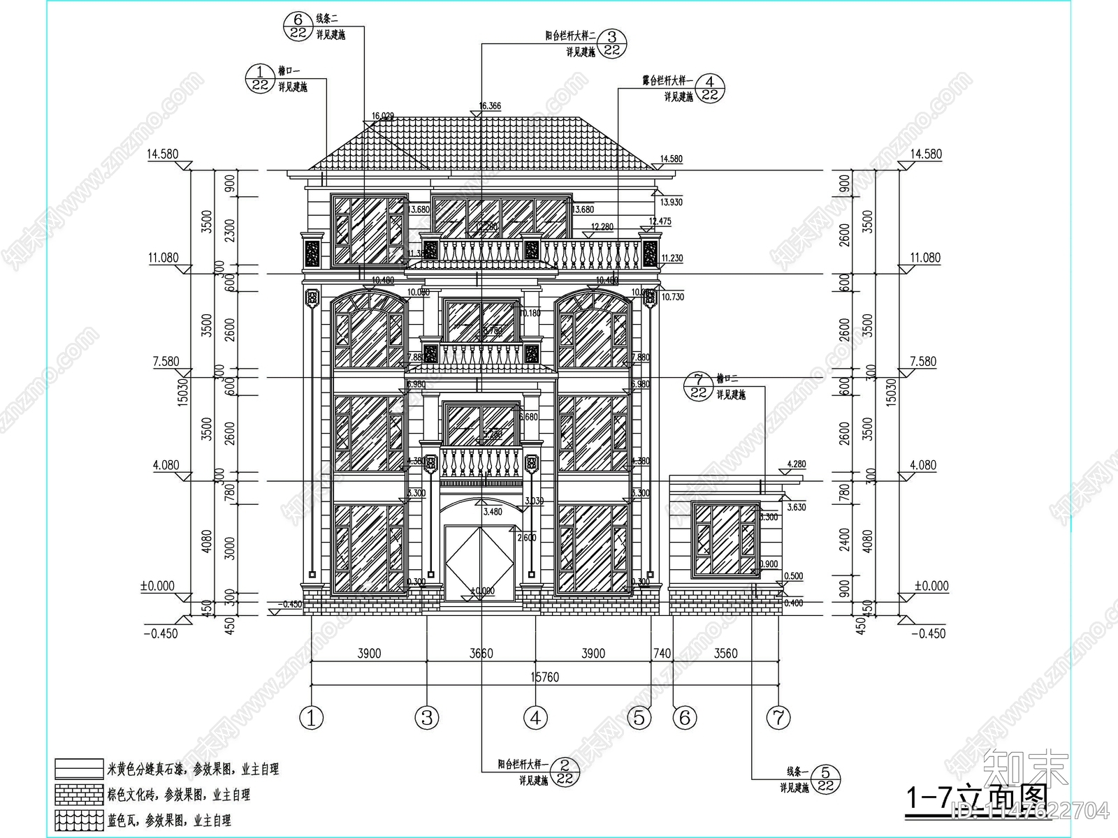 欧式四层独栋别墅建筑施工图下载【ID:1147622704】