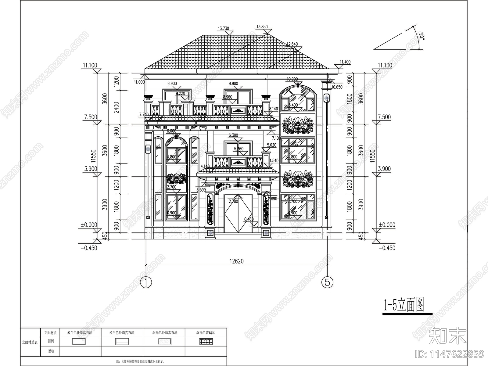 欧式三层独栋别墅建筑施工图下载【ID:1147622859】