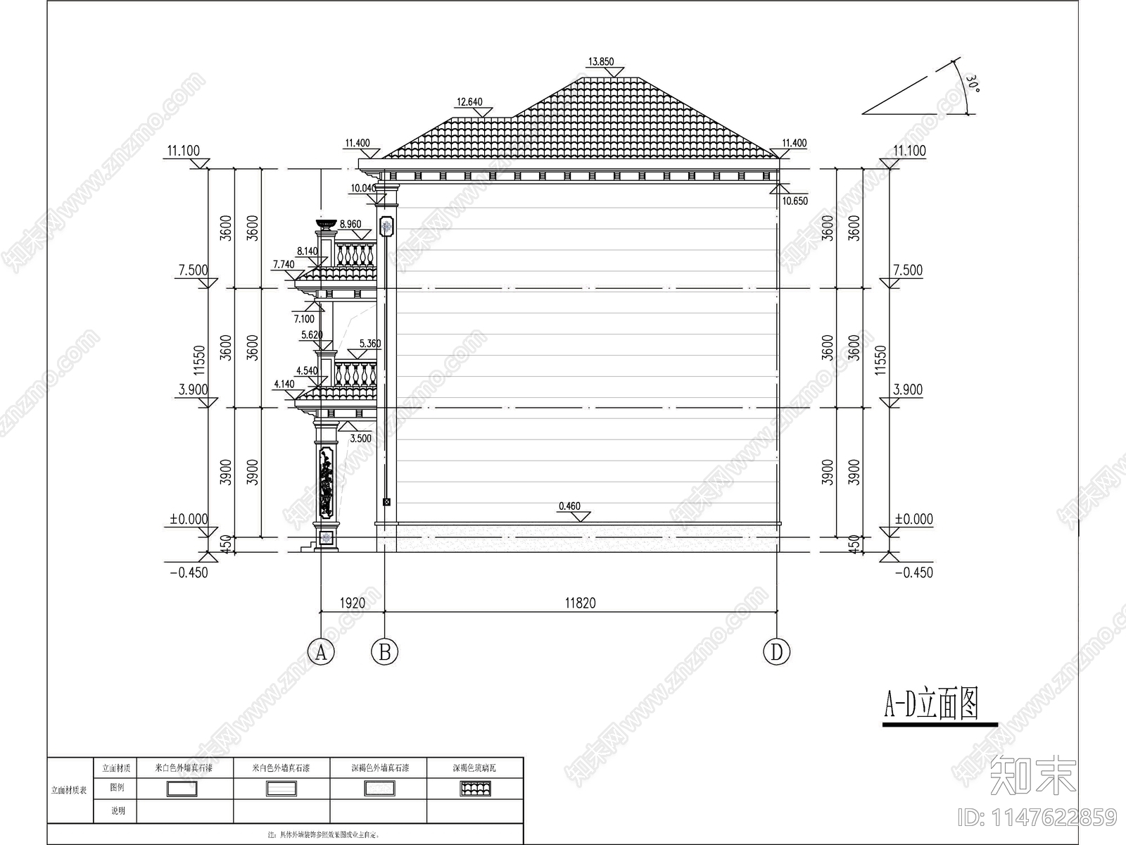 欧式三层独栋别墅建筑施工图下载【ID:1147622859】