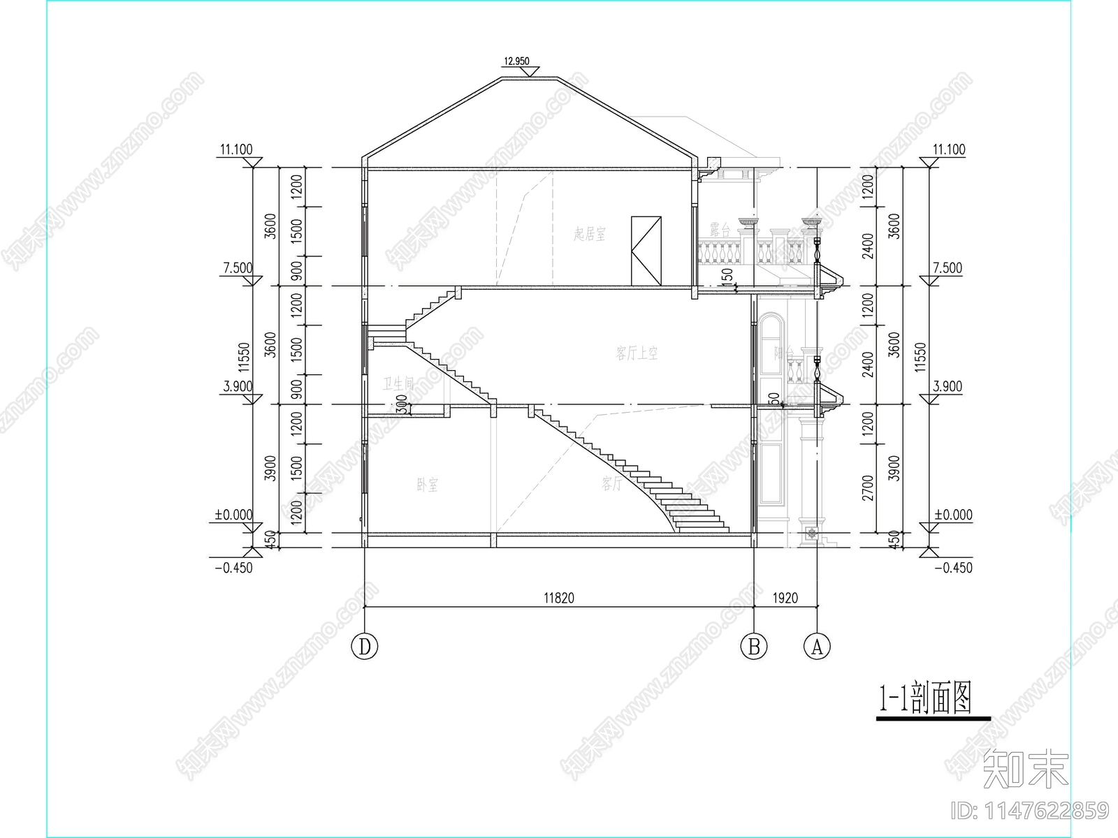 欧式三层独栋别墅建筑施工图下载【ID:1147622859】