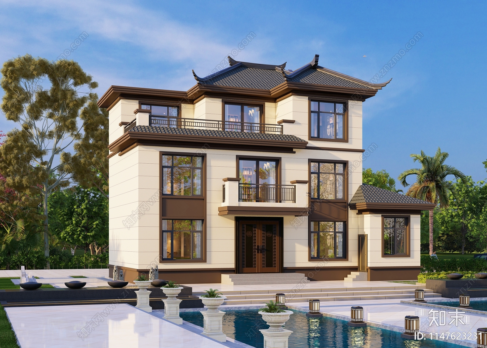 新中式三层独栋别墅建筑施工图下载【ID:1147623231】