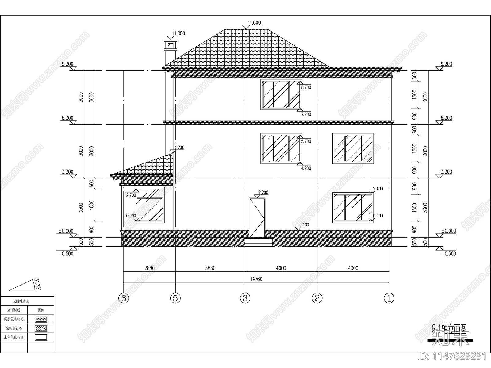 新中式三层独栋别墅建筑cad施工图下载【ID:1147623231】