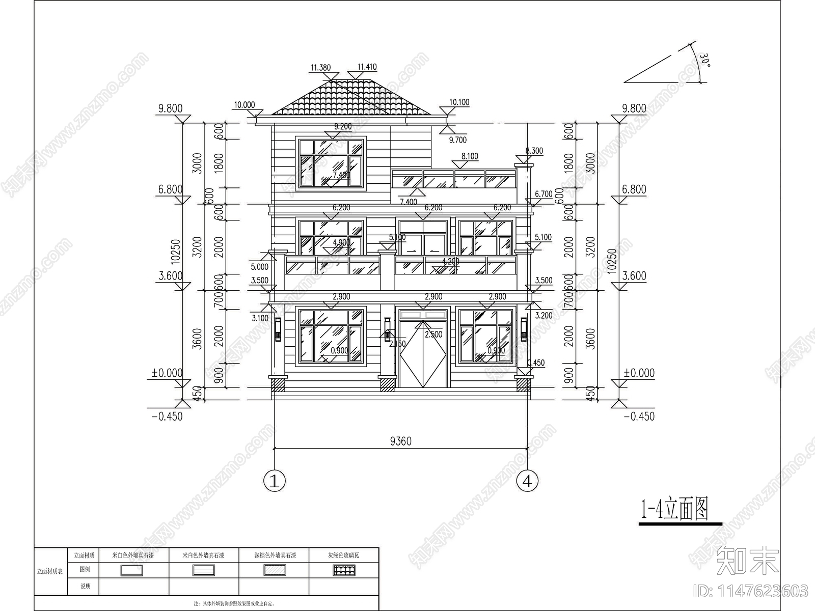 现代三层独栋别墅建筑施工图下载【ID:1147623603】