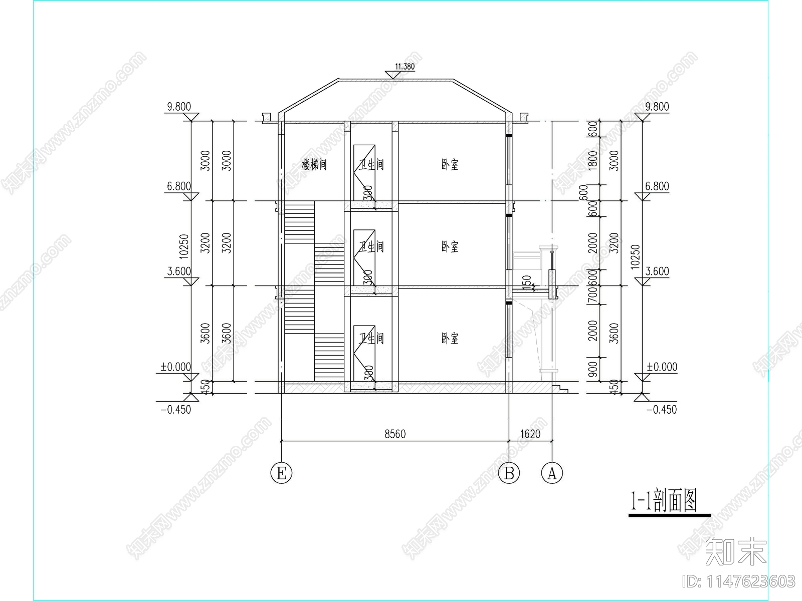 现代三层独栋别墅建筑施工图下载【ID:1147623603】