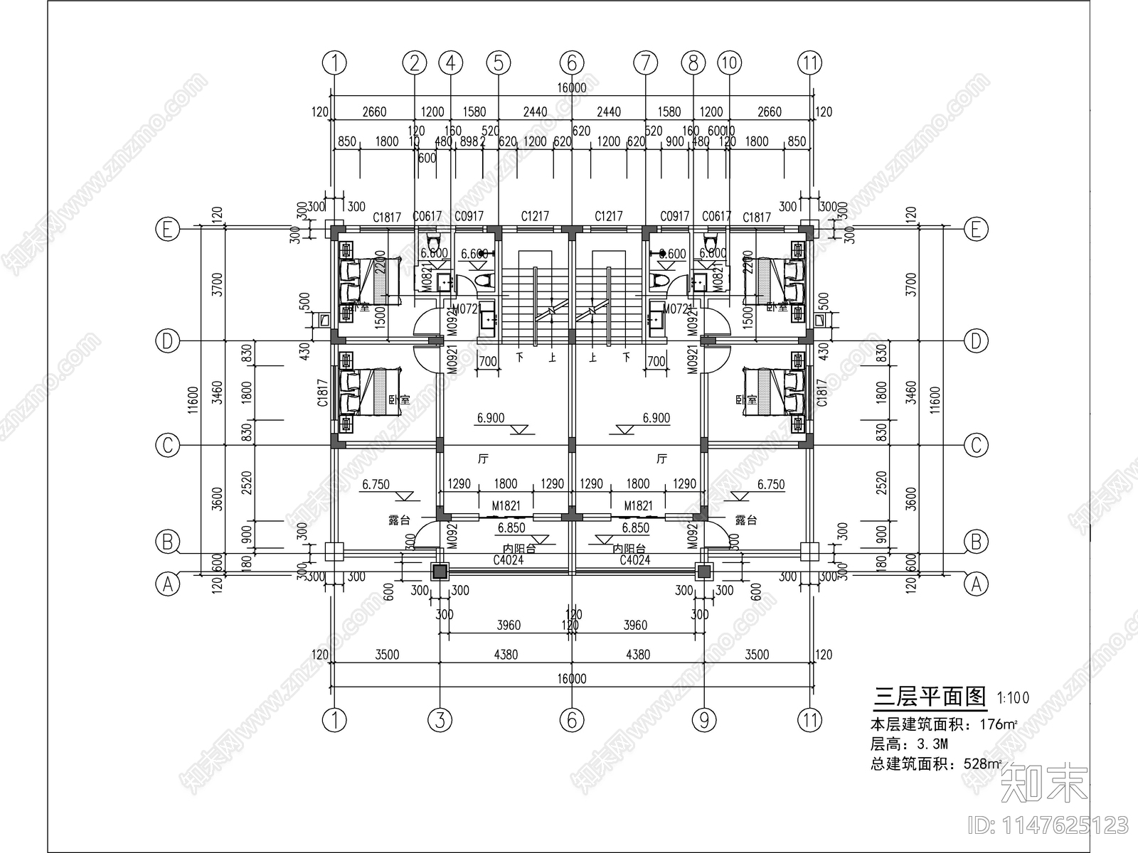 欧式三层双拼别墅建筑施工图下载【ID:1147713678】