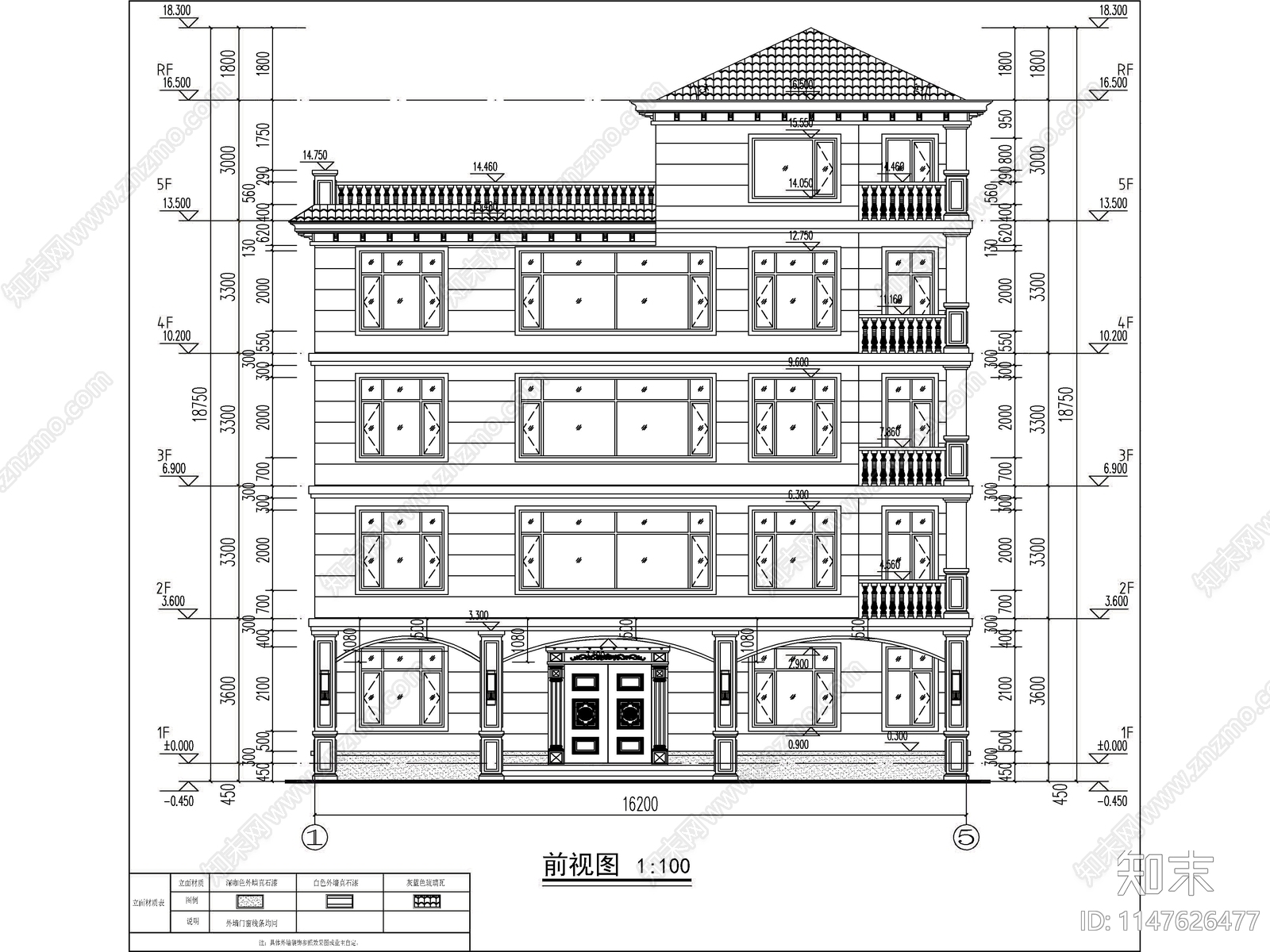 欧式五层独栋别墅建筑cad施工图下载【ID:1147713423】