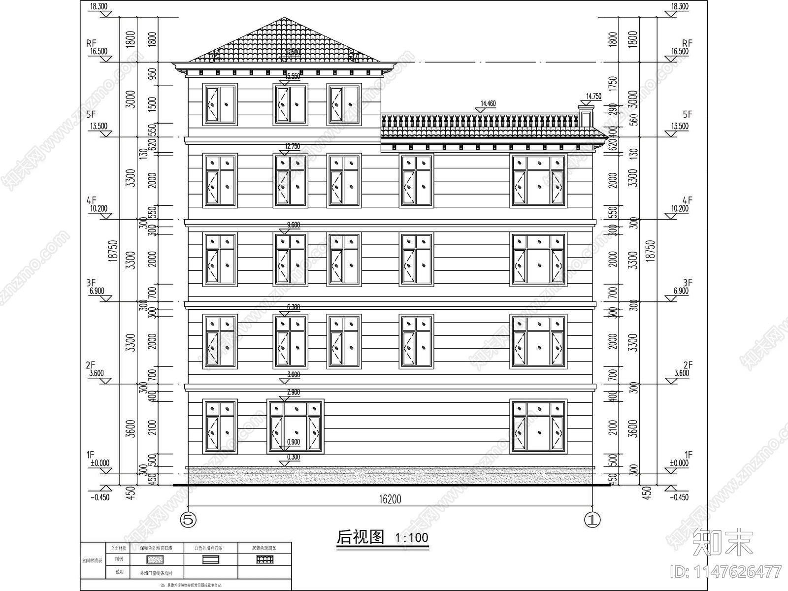 欧式五层独栋别墅建筑cad施工图下载【ID:1147713423】