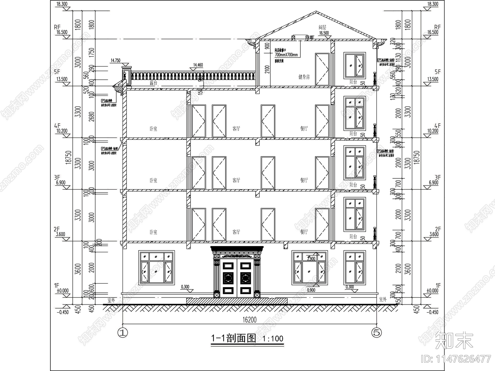 欧式五层独栋别墅建筑cad施工图下载【ID:1147713423】