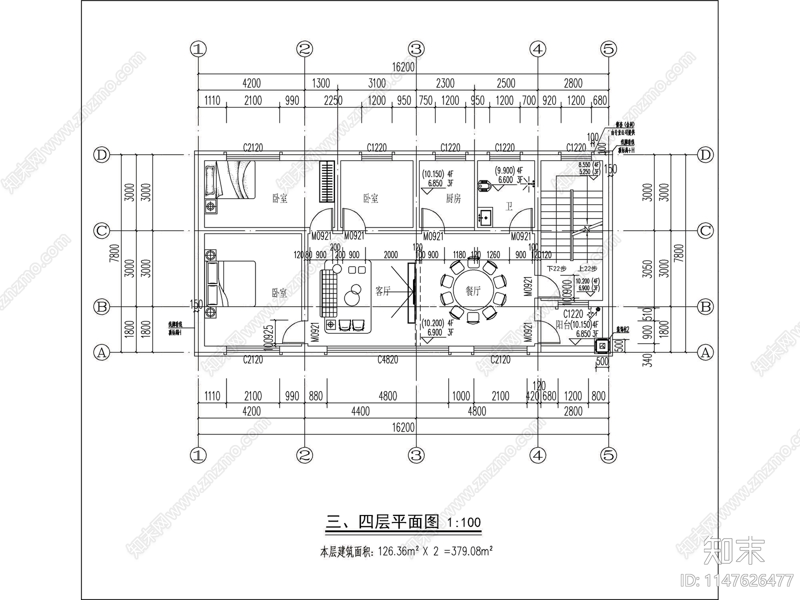 欧式五层独栋别墅建筑cad施工图下载【ID:1147713423】