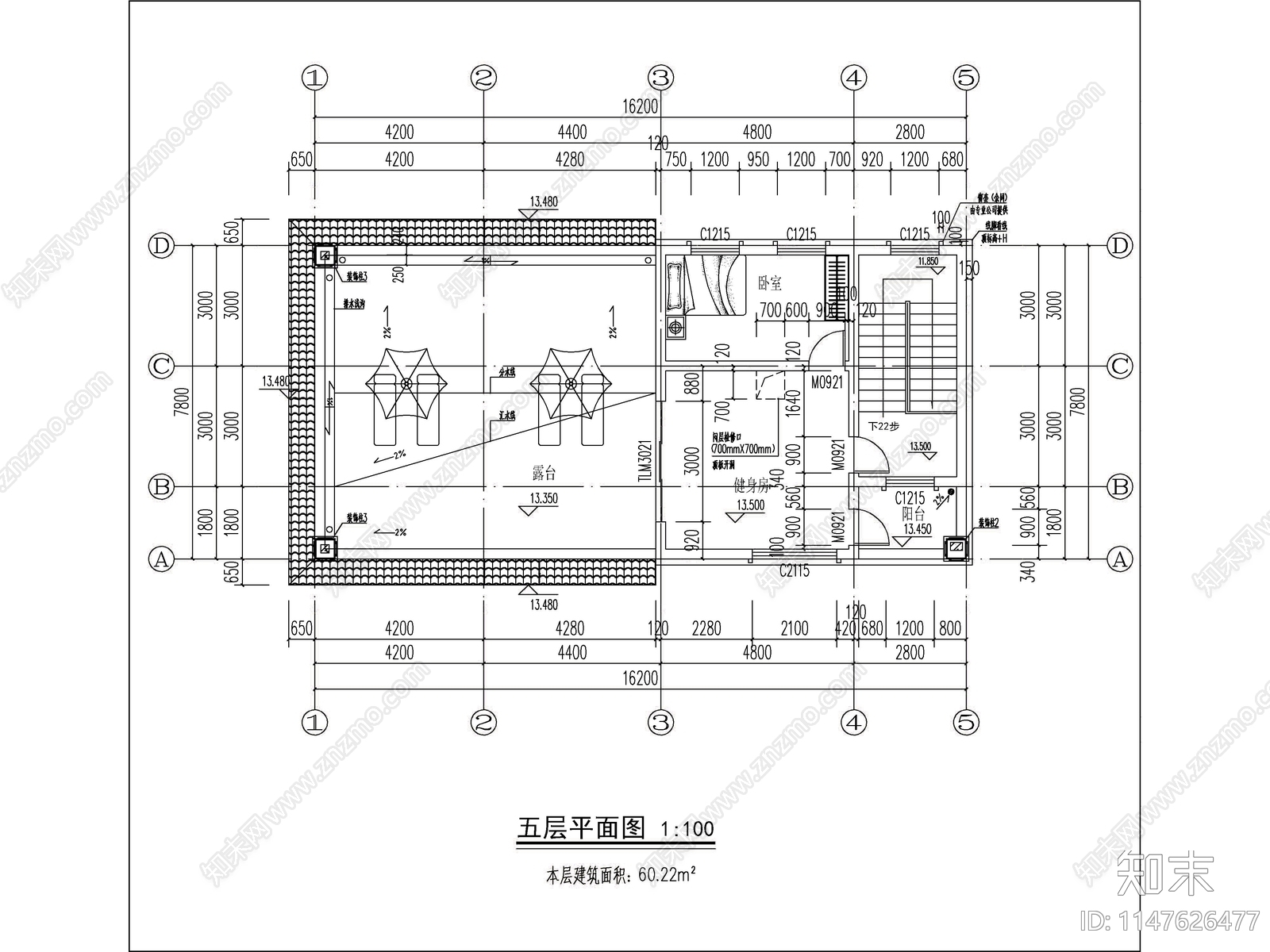 欧式五层独栋别墅建筑cad施工图下载【ID:1147713423】