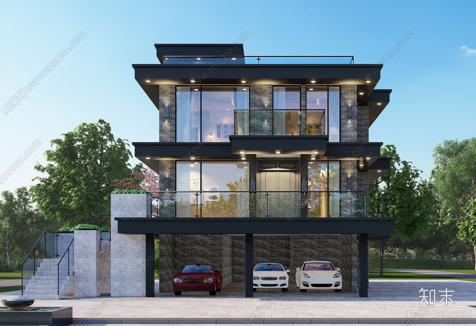 现代三层独栋别墅建筑施工图下载【ID:1147626995】
