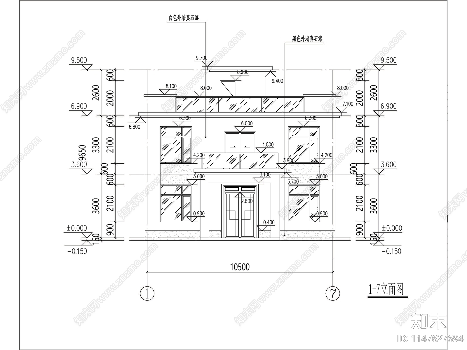 现代两层独栋别墅建筑施工图下载【ID:1147627694】