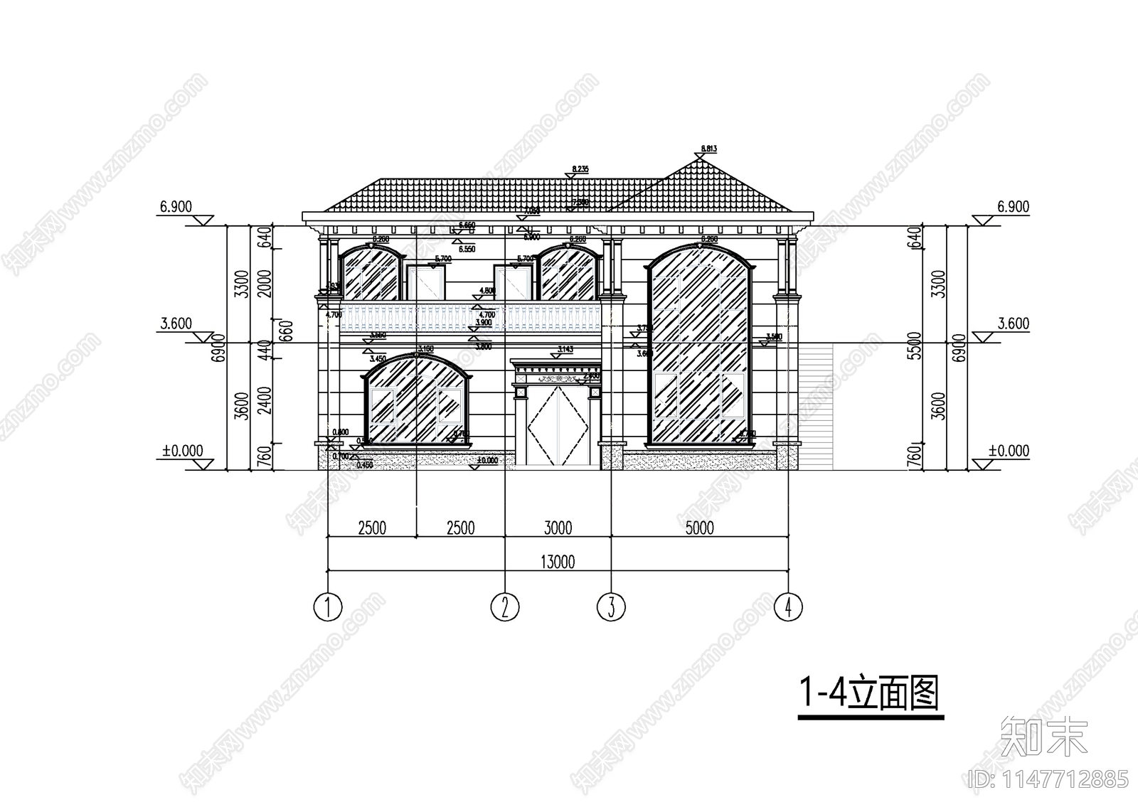 欧式两层独栋别墅建筑cad施工图下载【ID:1147712885】