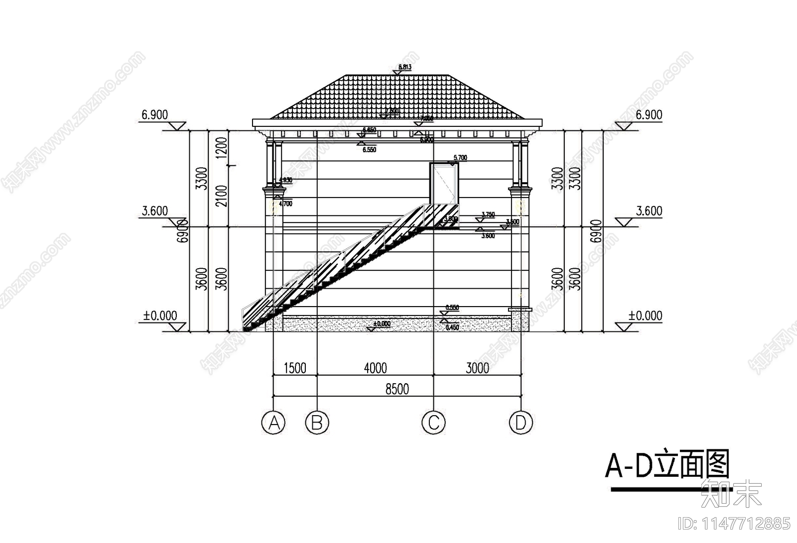 欧式两层独栋别墅建筑cad施工图下载【ID:1147712885】