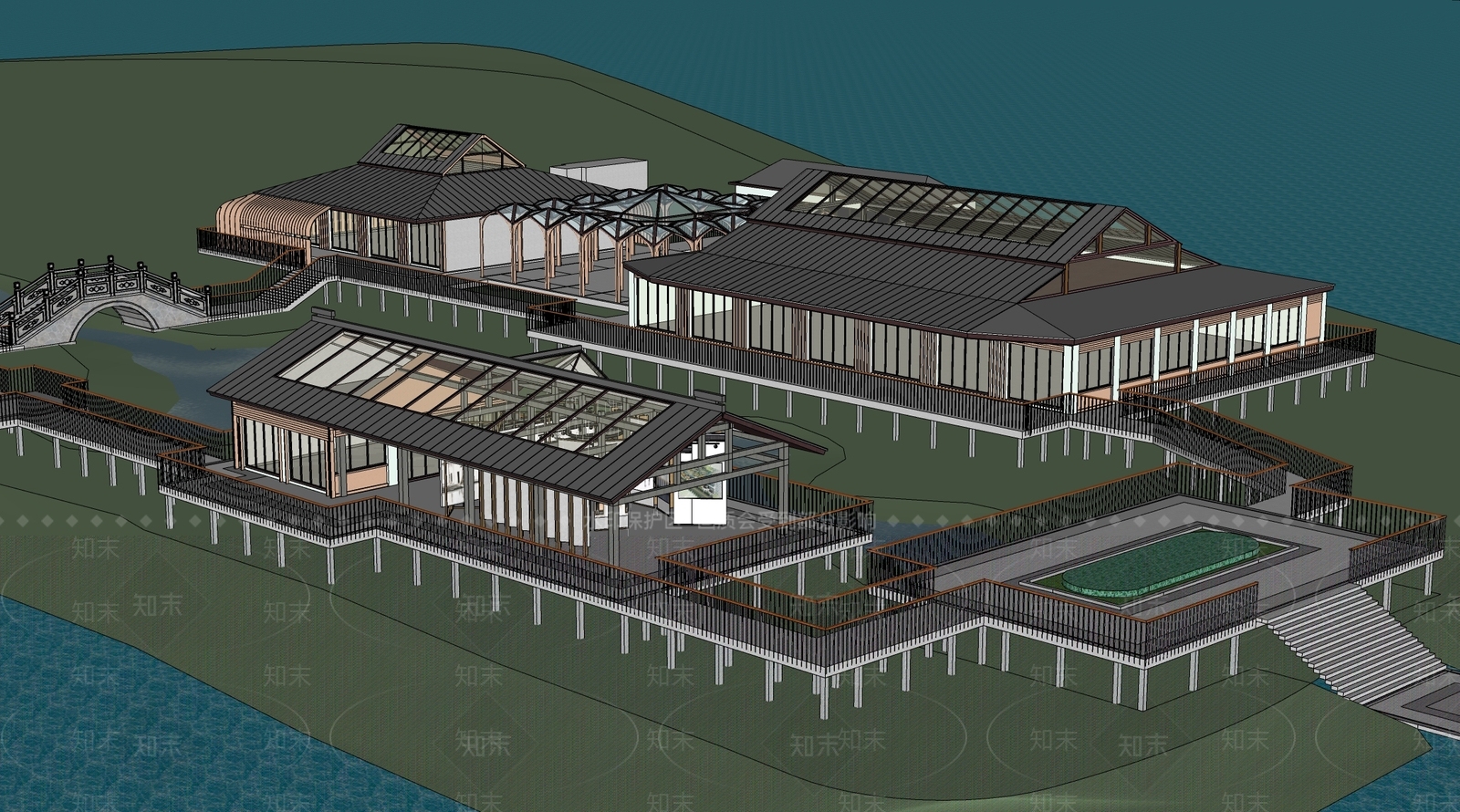 新中式会所建筑SU模型下载【ID:1147628312】