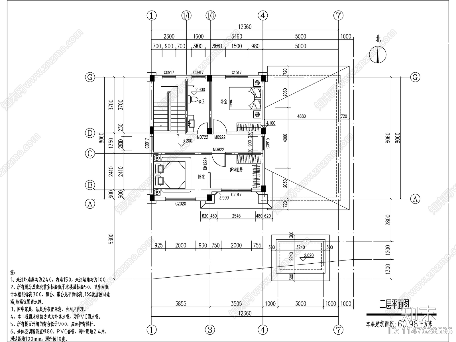 欧式两层独栋别墅建筑cad施工图下载【ID:1147712365】