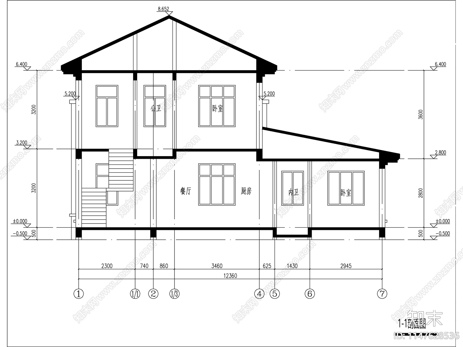 欧式两层独栋别墅建筑cad施工图下载【ID:1147712365】