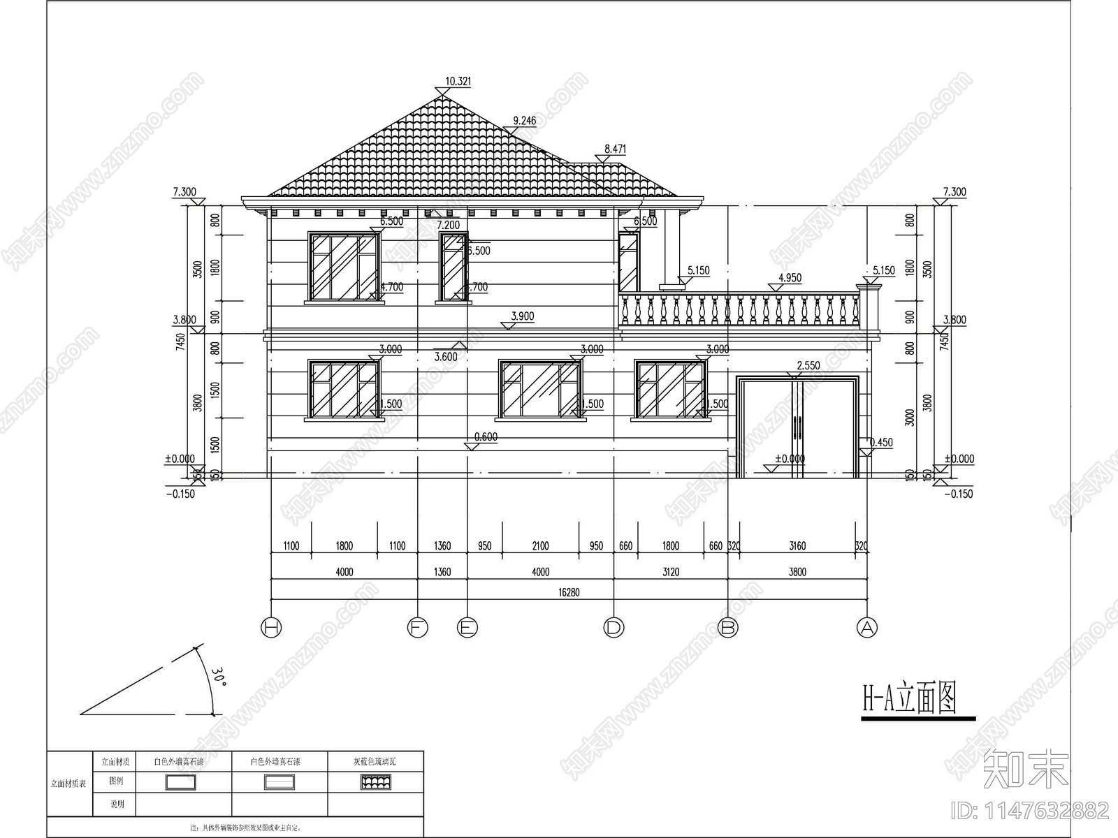 欧式两层独栋别墅建筑施工图下载【ID:1147632882】