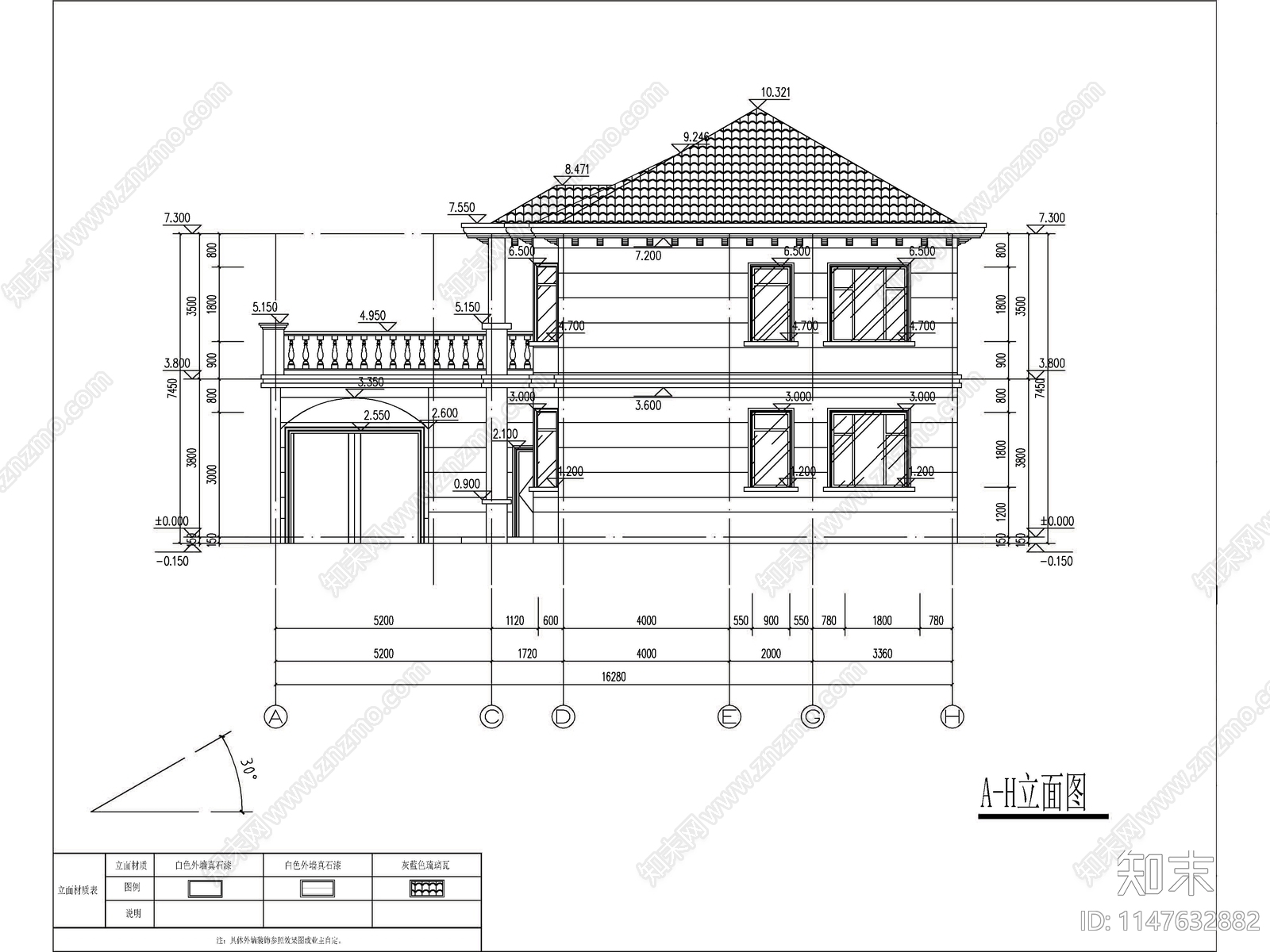 欧式两层独栋别墅建筑施工图下载【ID:1147632882】