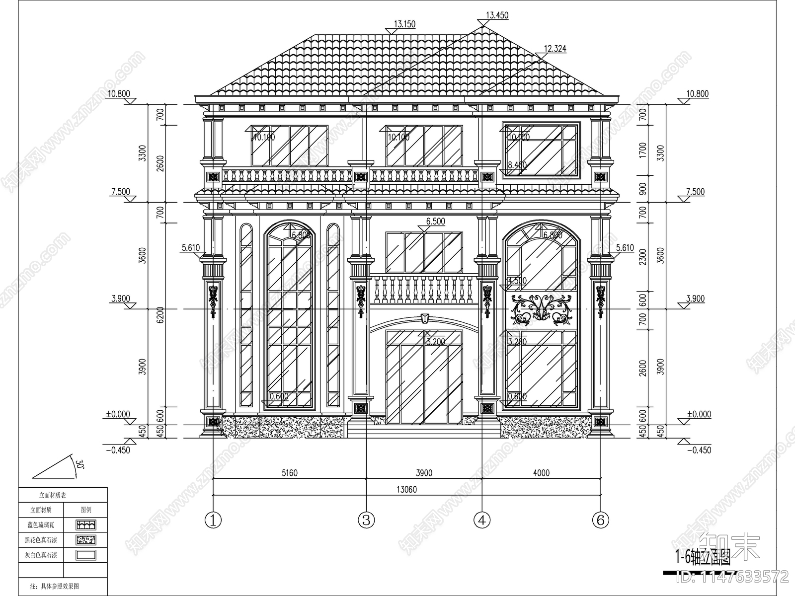 欧式三层独栋别墅建筑cad施工图下载【ID:1147633572】