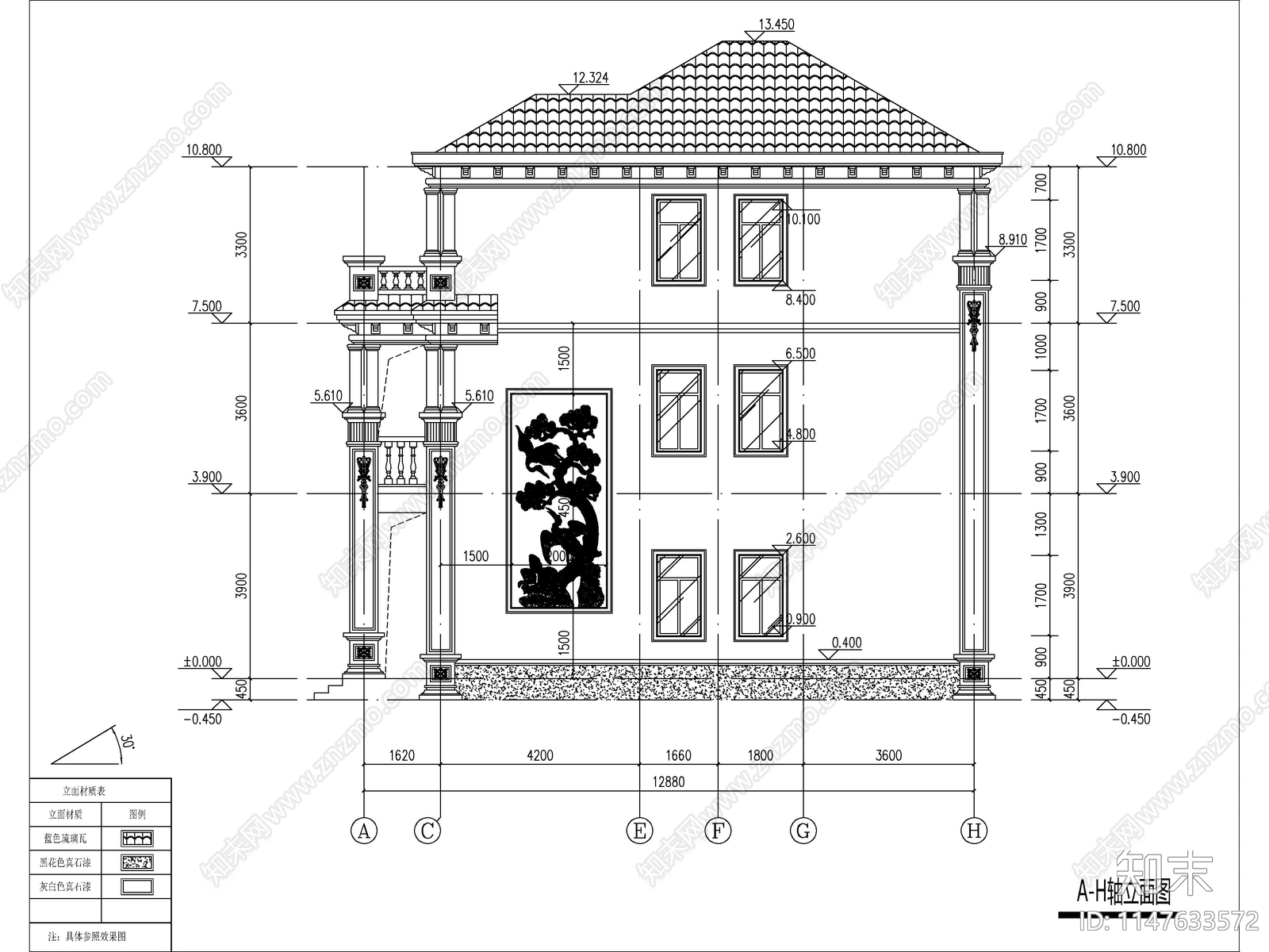 欧式三层独栋别墅建筑cad施工图下载【ID:1147633572】