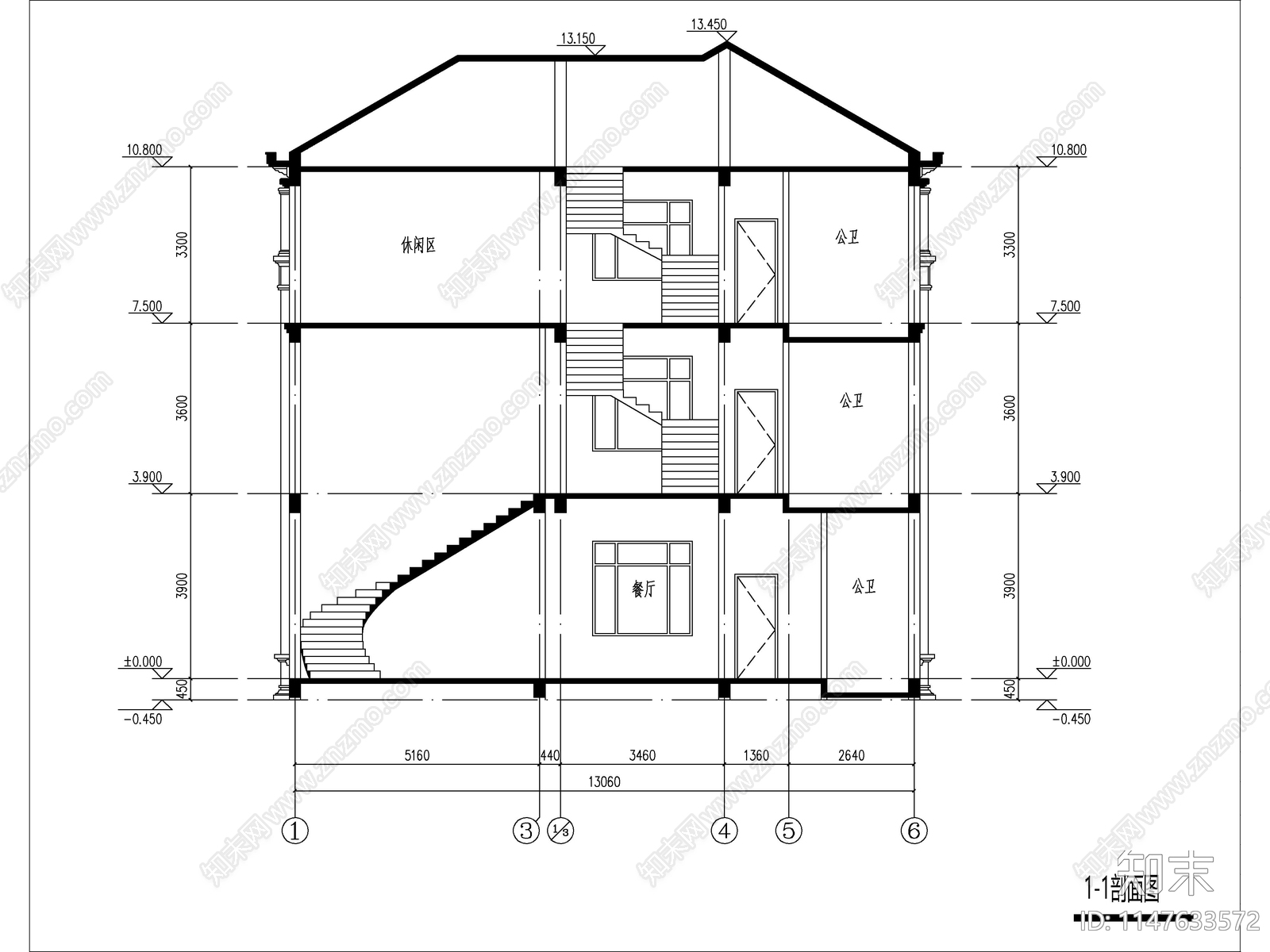 欧式三层独栋别墅建筑cad施工图下载【ID:1147633572】