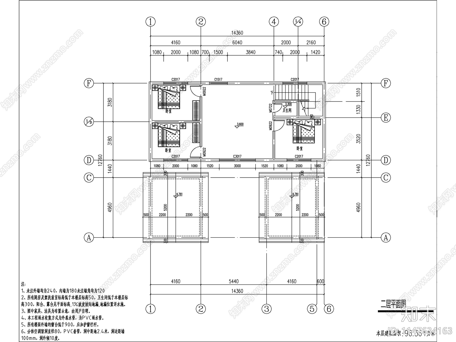 中式两层独栋别墅建筑cad施工图下载【ID:1147634163】