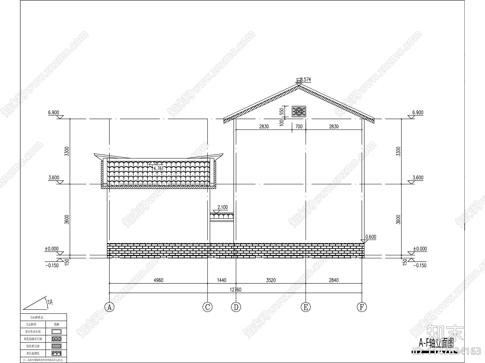 中式两层独栋别墅建筑cad施工图下载【ID:1147634163】