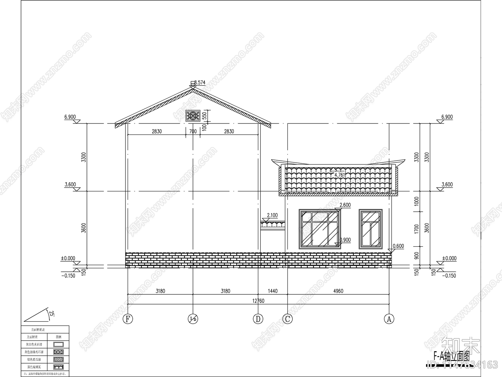 中式两层独栋别墅建筑cad施工图下载【ID:1147634163】