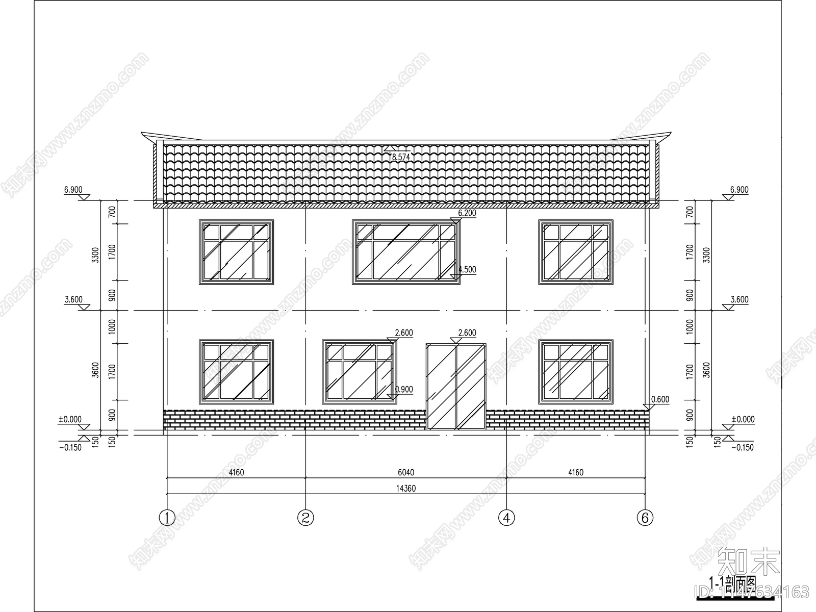 中式两层独栋别墅建筑cad施工图下载【ID:1147634163】