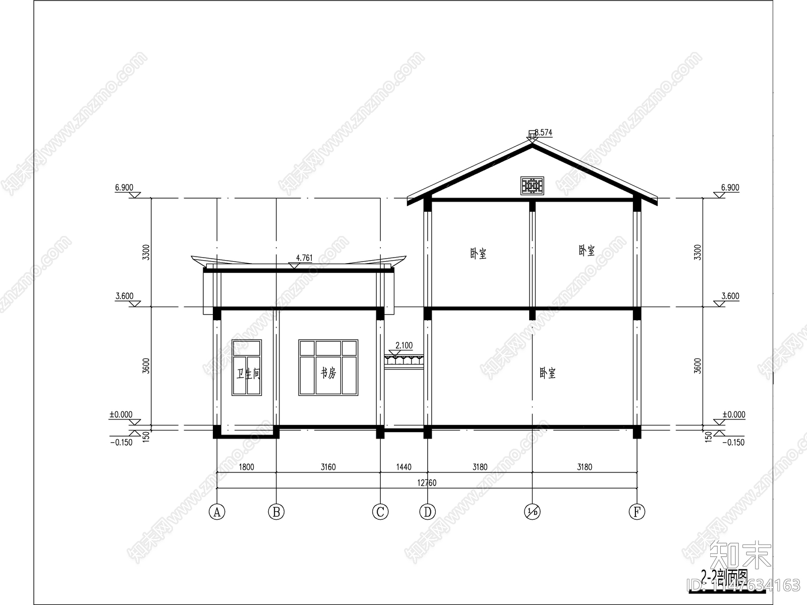 中式两层独栋别墅建筑cad施工图下载【ID:1147634163】