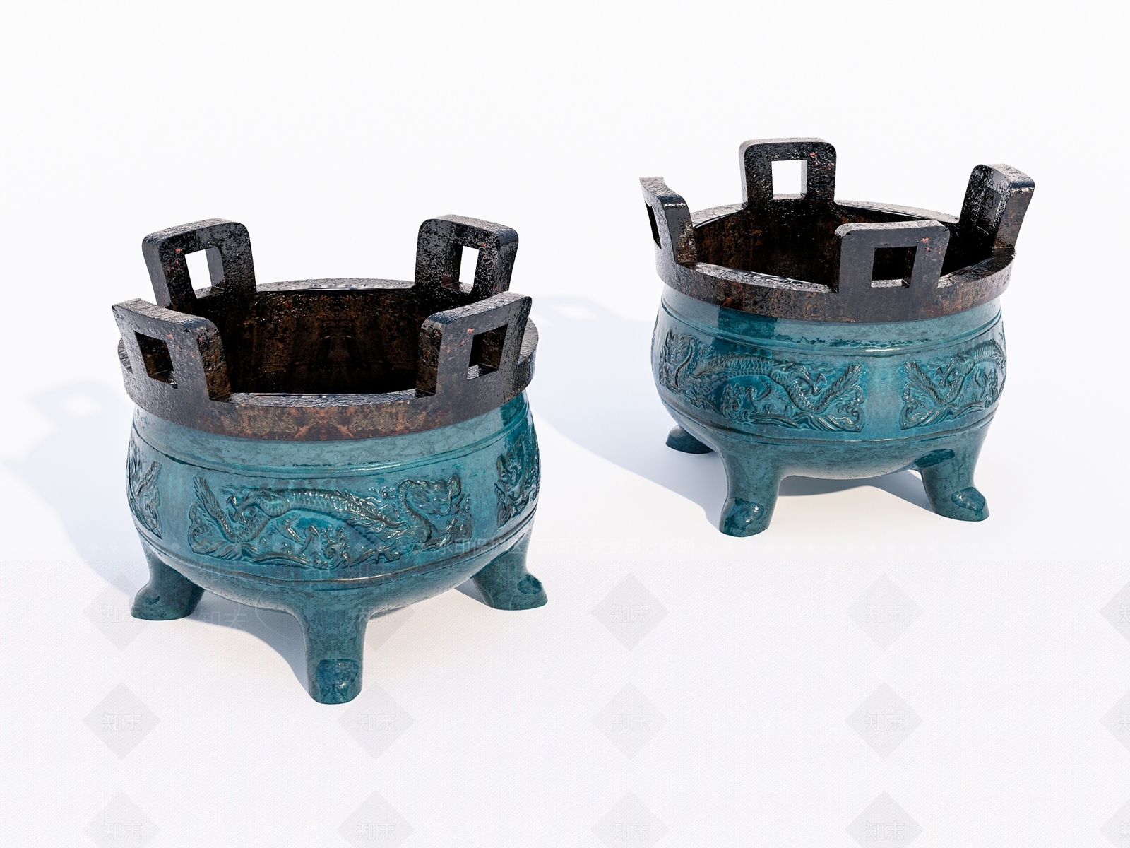 中式老旧古代龙纹青铜鼎3D模型下载【ID:1147664682】