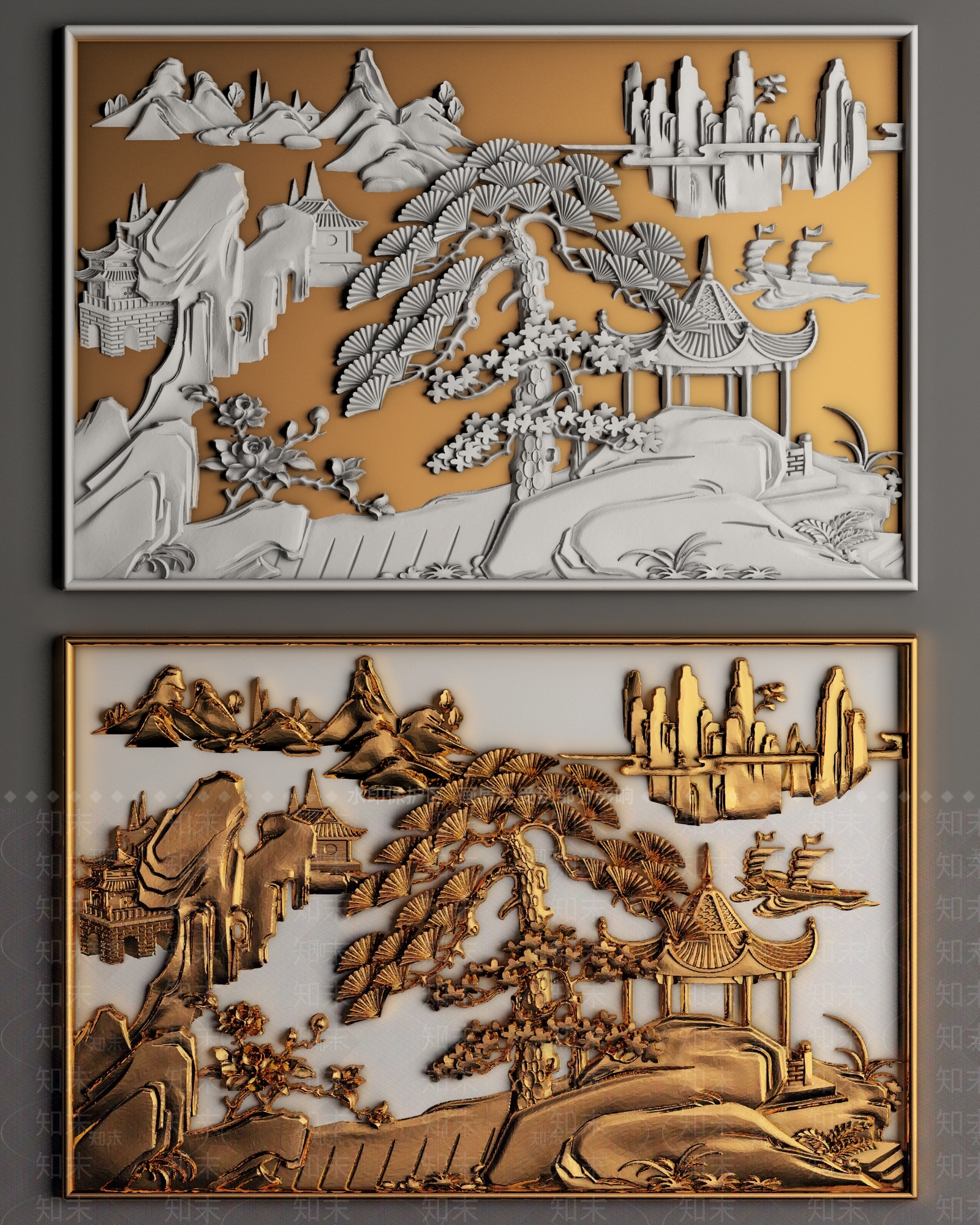 中式迎客松浮雕3D模型下载【ID:1147666071】