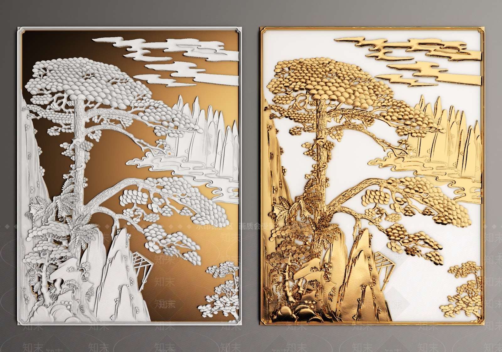 中式迎客松浮雕3D模型下载【ID:1147666059】