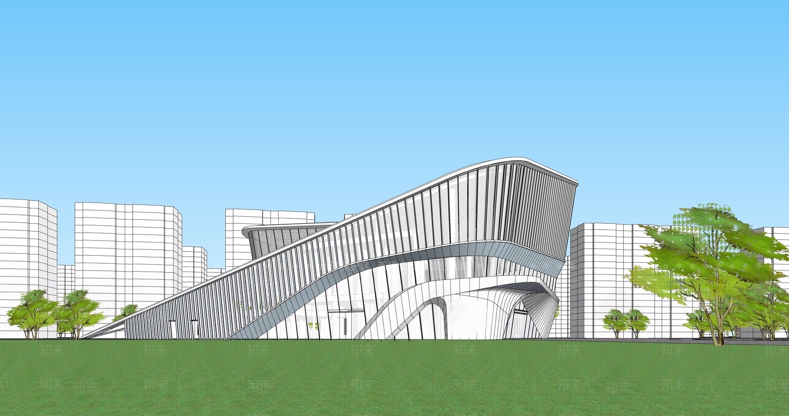 现代展览馆建筑SU模型下载【ID:1147669716】