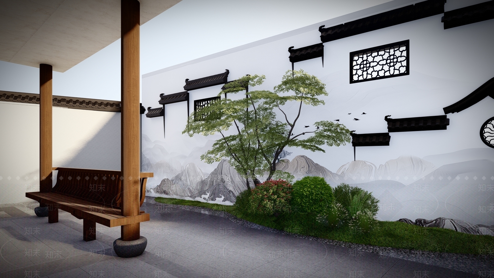 新中式景墙围墙SU模型下载【ID:1147682588】