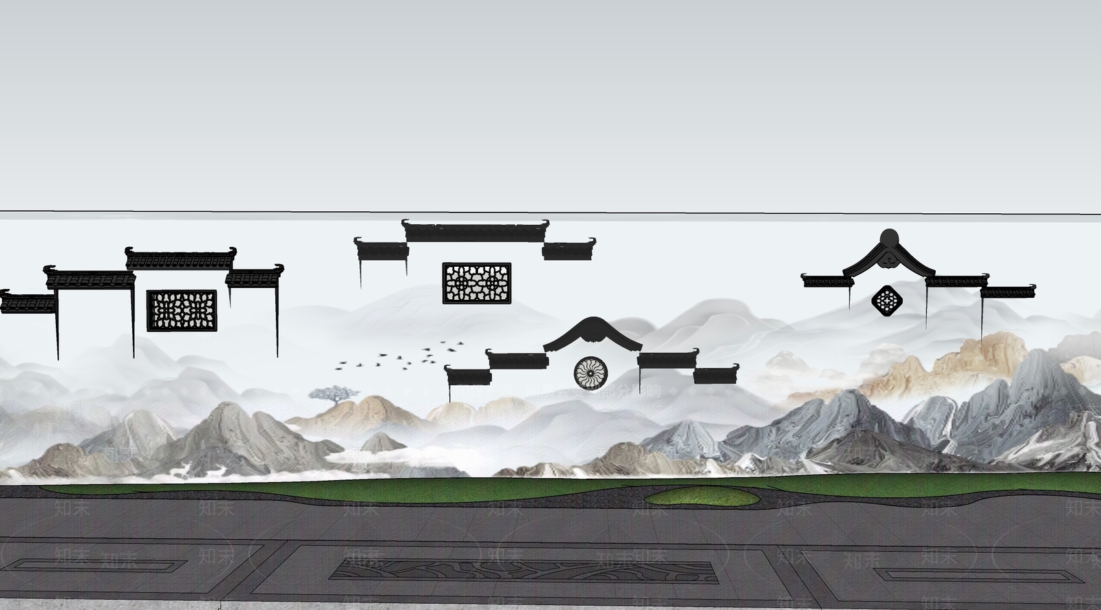新中式景墙围墙SU模型下载【ID:1147682588】