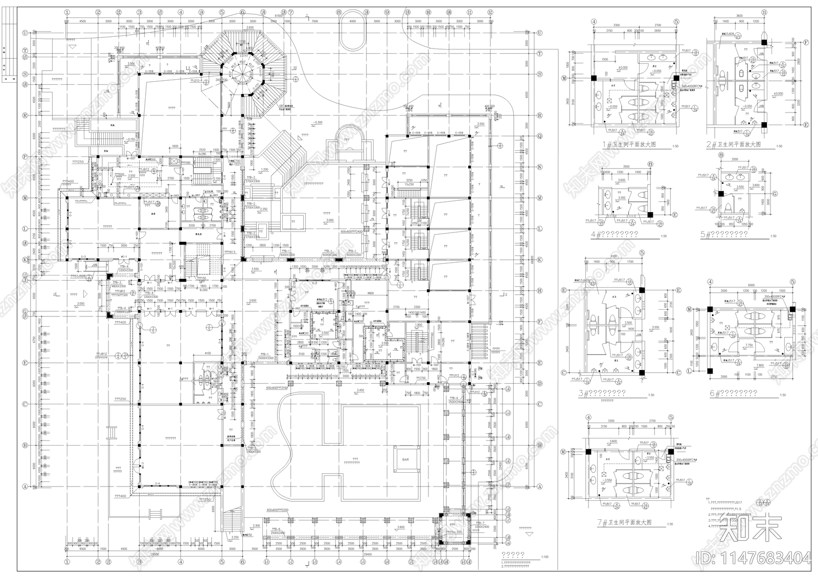 会所建筑cad施工图下载【ID:1147683404】