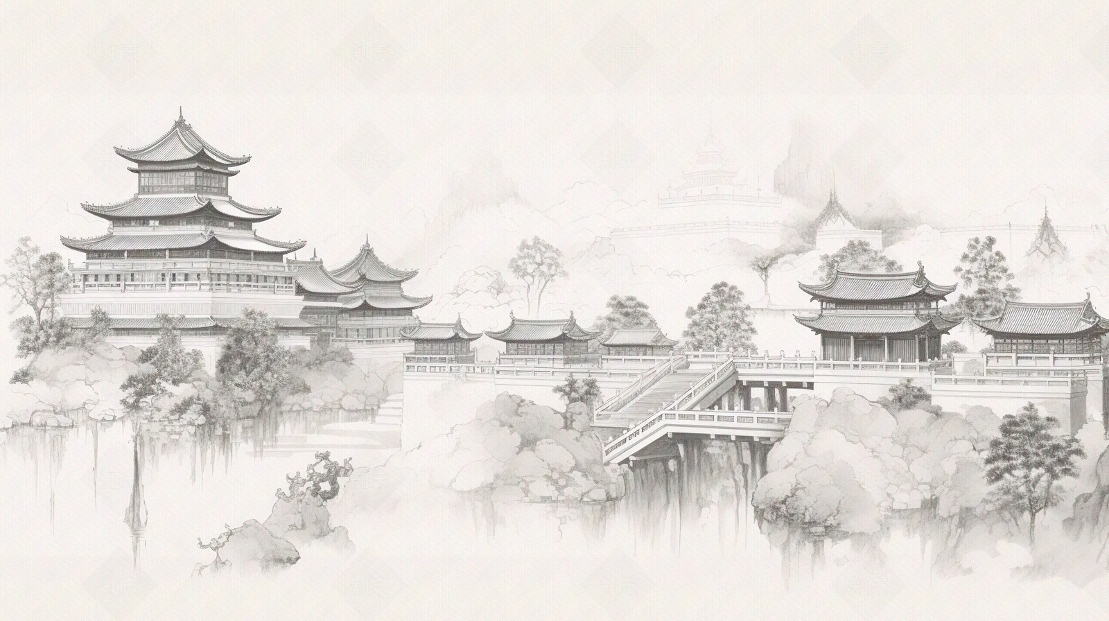 中式黑白素色园林山水壁画贴图下载【ID:1147691689】