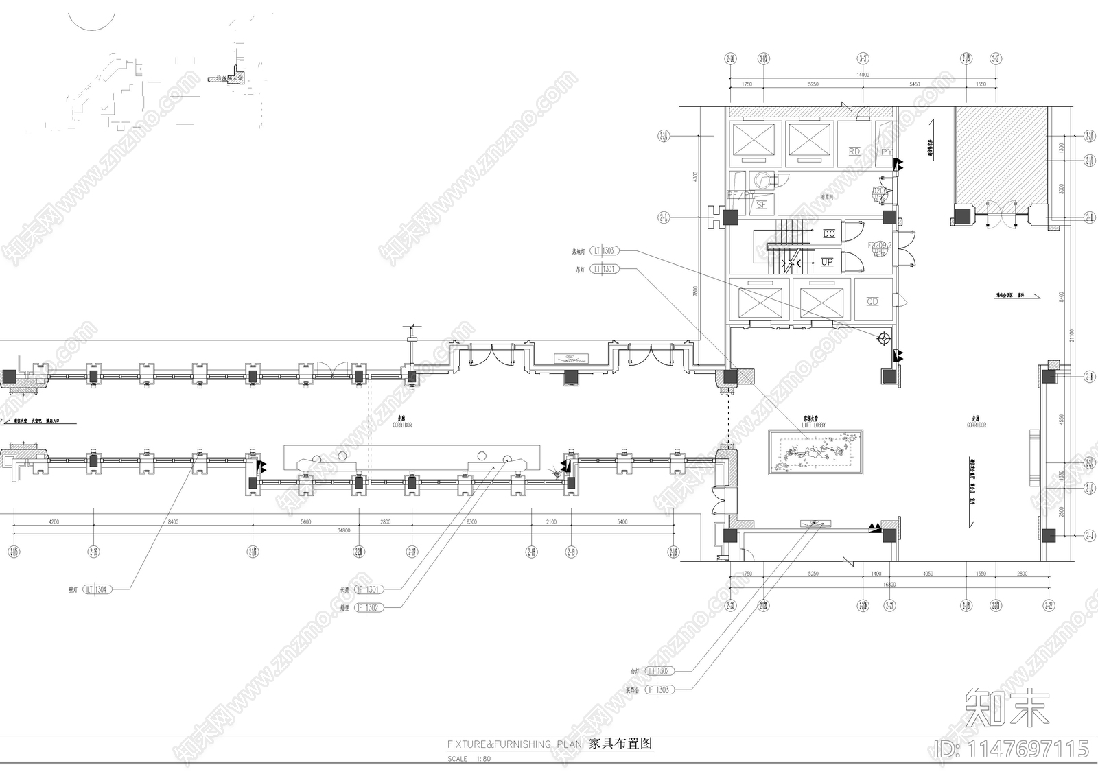 酒店公区大堂过道室内cad施工图下载【ID:1147697115】