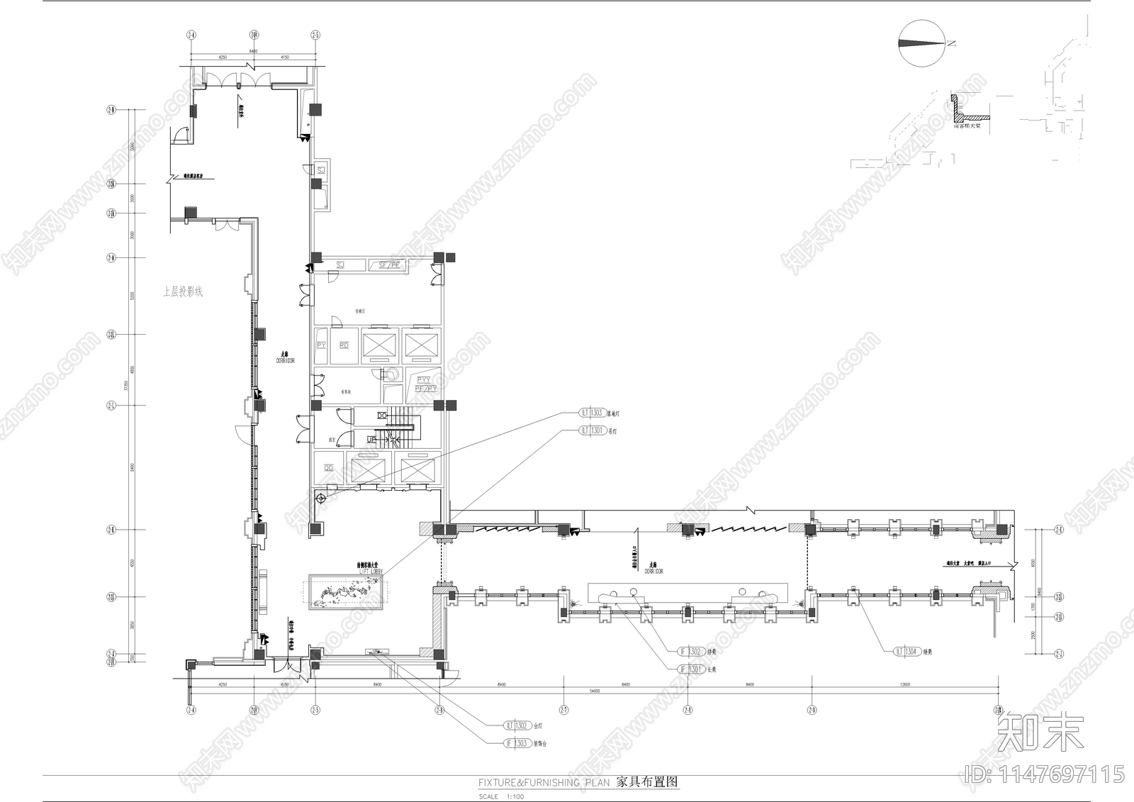酒店公区大堂过道室内cad施工图下载【ID:1147697115】
