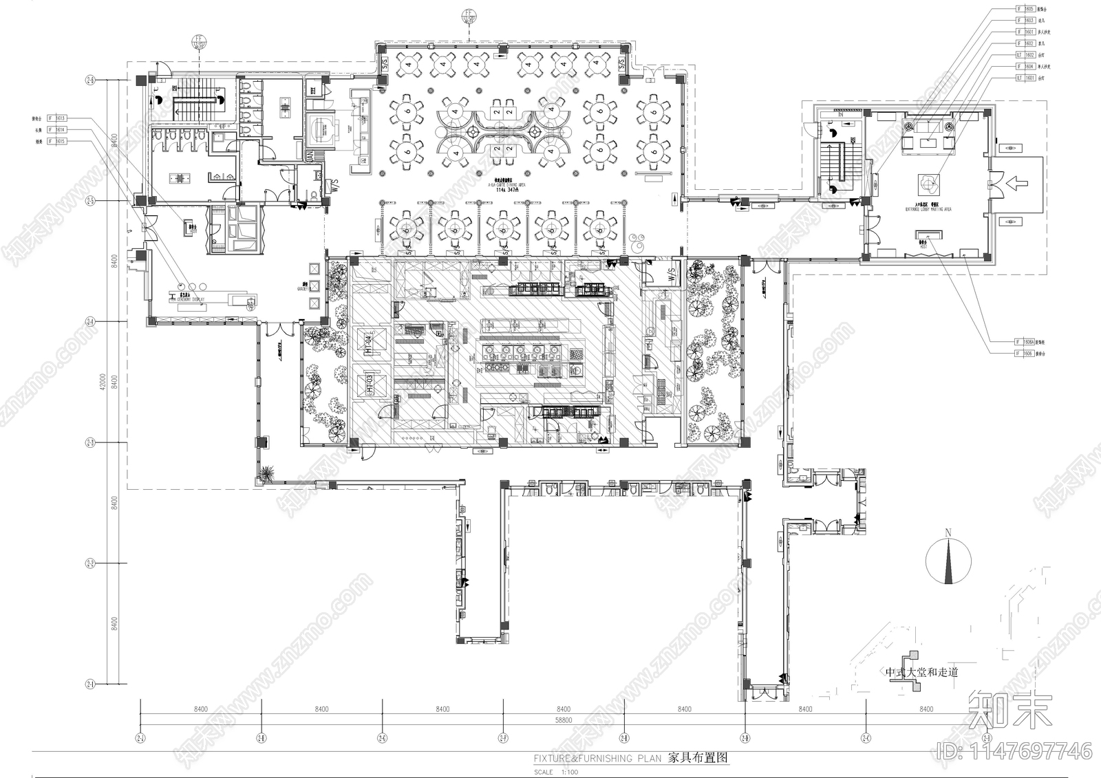 中餐厅大堂室内cad施工图下载【ID:1147697746】
